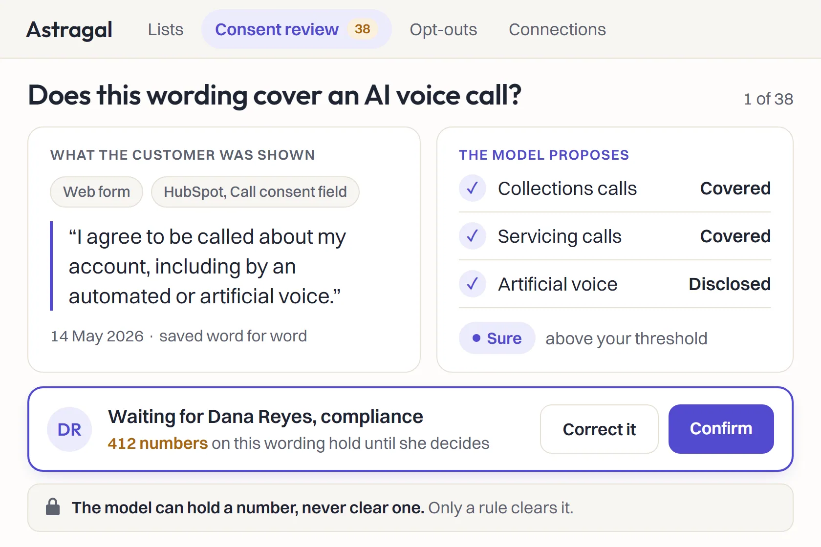 One consent wording beside the model's proposal of what it covers, waiting for the compliance reviewer to confirm or correct it while 412 numbers hold